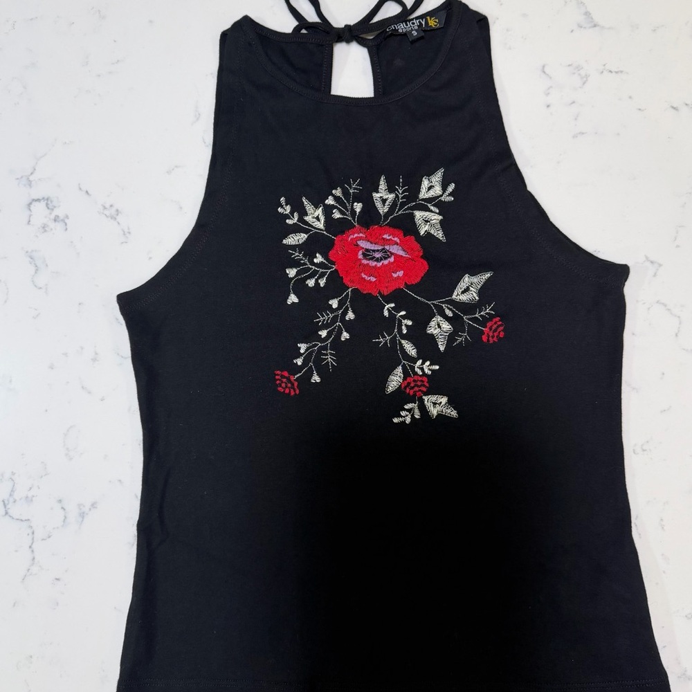 RARE! Y2K 2000 Chaudry Sports KC embroidered floral halter crop top S